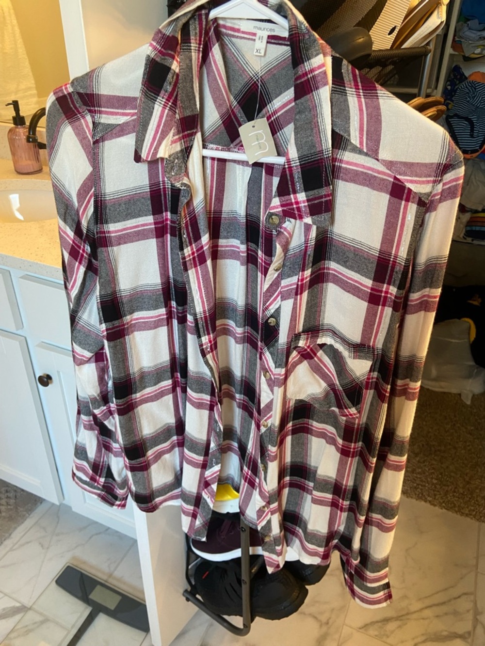 Maurices White, Black, and Burgundy Plaid Button-Up Shirt